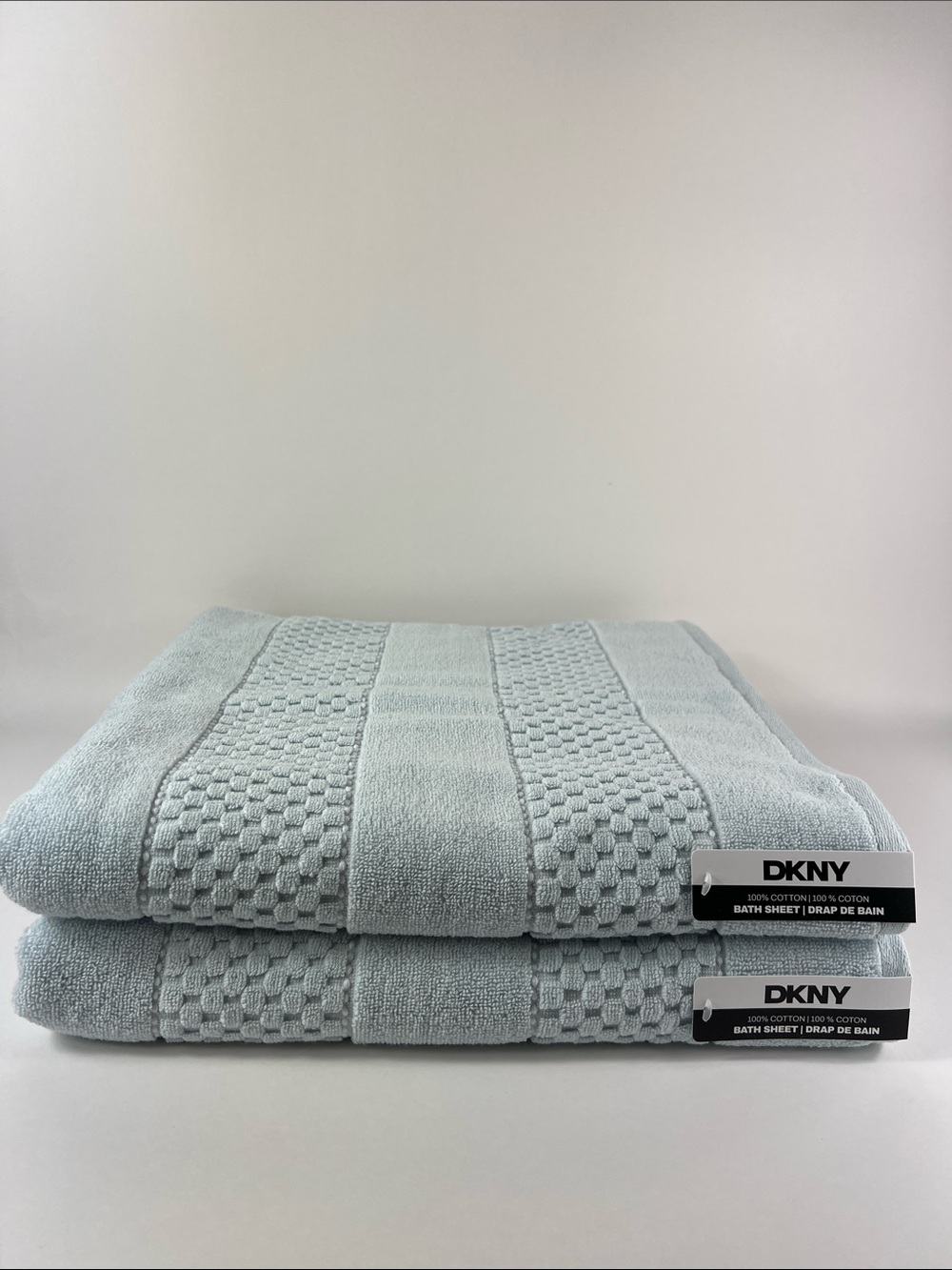 DKNY Bath Sheet Set 2 Pale Blue Towels Plush Cotton Quick Dry Zero Twist NEW